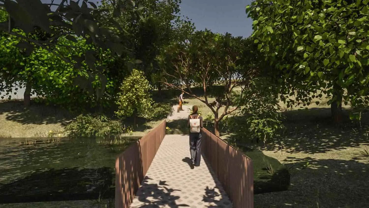 Rendered recreational park walkway crossing a small stream among mature trees — rh liqeni