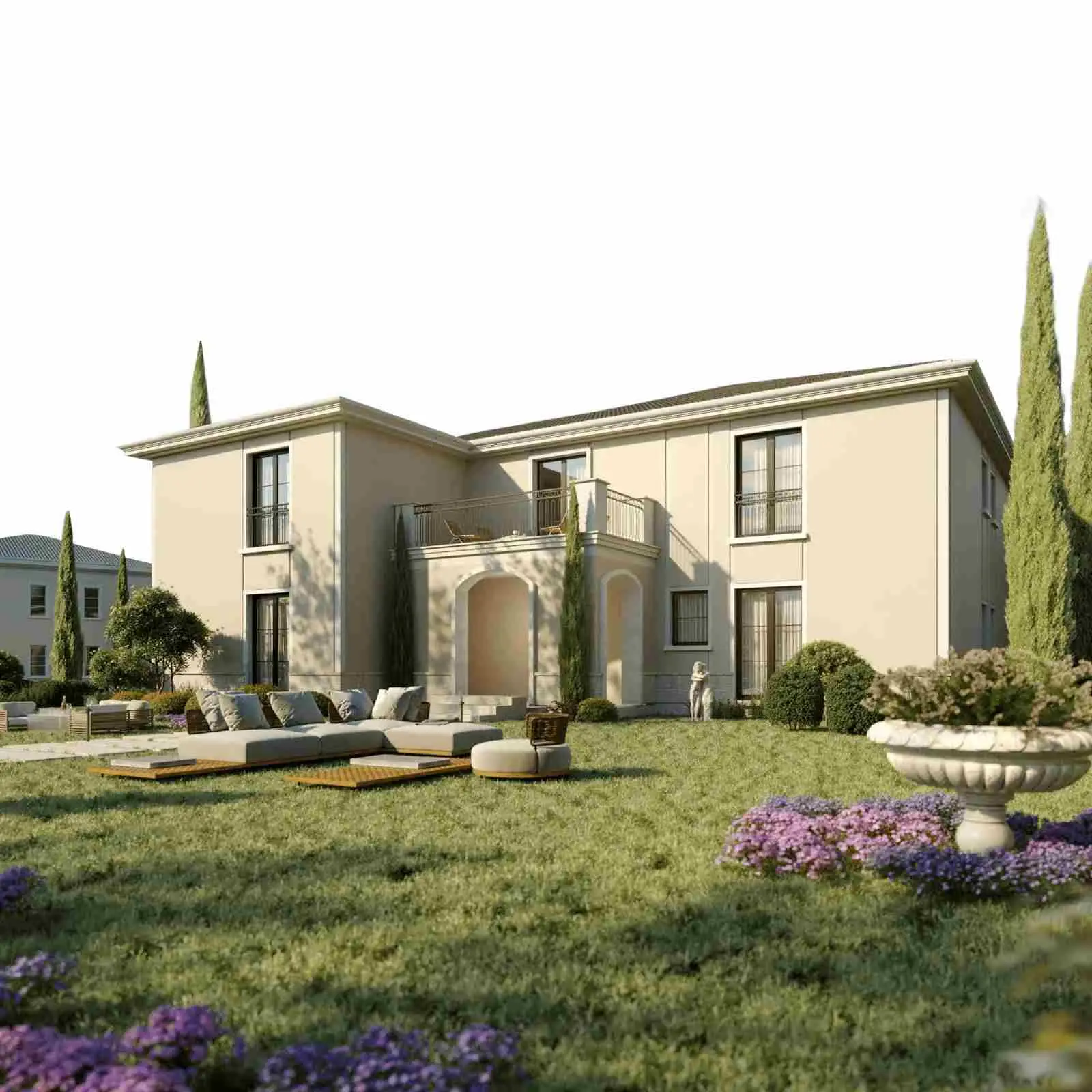 Rendered Rolling Hills Liqeni villa with landscaped garden, outdoor seating and flowering borders — lakefront home article