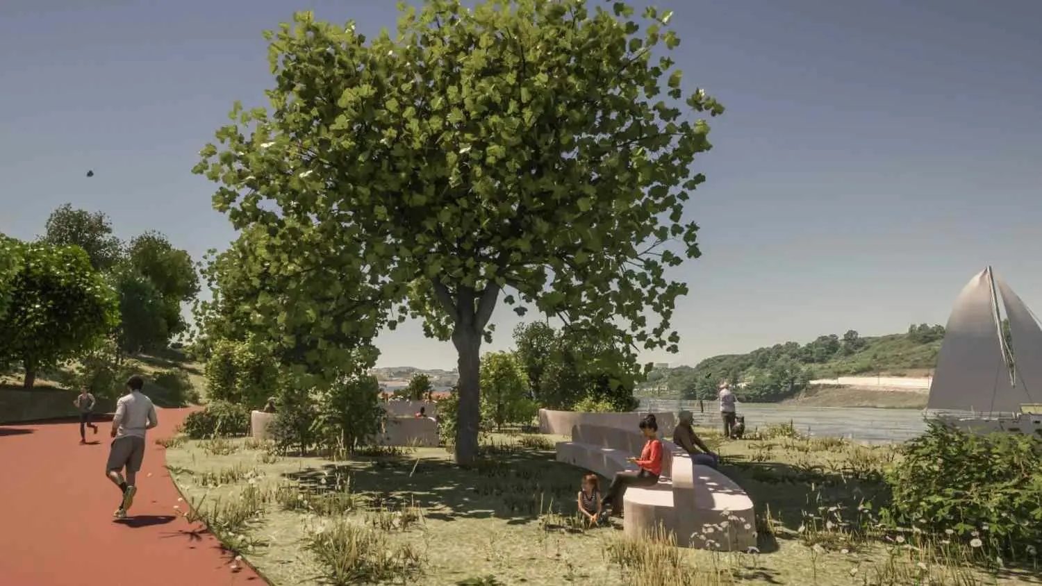 Rendered lakeside walking and running path with trees, seating and sailboat — lakefront home article