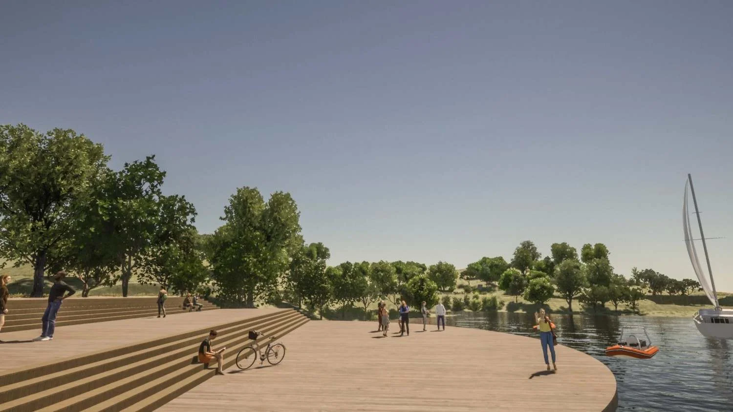 Rendered Farka Lake promenade with people, bicycles and a sailboat — lakefront home article